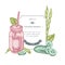 Badge design with pastel green beans, basil, smothie jars, cucumber