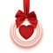 Badge with heart, red ribbon and bow, isolated on