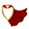 Badge with red cape. Realistic carnival clothes mantle with golden shield. 3D hero cloak. Success and leadership symbol