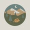 Badge with a tent, forest and mountains. Camping concept, outdoor recreation