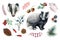 Badger animal, forest natural element set. Watercolor hand drawn illustration. Wild forest badger, red berries, acorn