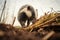 badger carrying nesting material into burrow