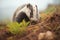 badger carrying nesting material into burrow