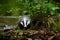 Badger in forest, animal in nature habitat, Germany, Europe. Wild Badger, Meles meles, animal in wood, autumn pine green forest. M