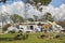 Badly damaged mobile homes after hurricane Ian in Florida residential area. Consequences of natural disaster