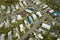 Badly damaged mobile homes after hurricane Ian in Florida residential area. Consequences of natural disaster