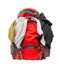 Badly folded clothes. Clothes sticking out of a backpack. Overflowing tourist backpack on a white background.