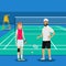 Badminton coach trainer , training or talking to his player. Young woman girl badminton player learn badminton on the field