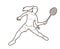 Badminton female player action with racket and shuttlecock cartoon graphic