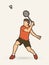 Badminton male player action with racket and shuttlecock cartoon graphic
