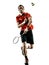 Badminton player man shadow silhouette isolated white backgroun