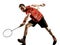 Badminton player man shadow silhouette isolated white backgroun