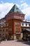 Badrutt palace, luxury hotel building tower and people in a sunny summer day in Sankt Moritz, Switzerland