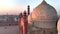 Badshahi Masjid in Lahore - The Emperor\'s Mosque, Pakistan Dome with Minarets. Aerial Drone Shot at sunrise time