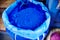 Bag with blue pigment colour in Morocco, Chefchaouene. Variety o