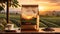 Bag of coffee sits prominently in the foreground, with the enchanting backdrop of a coffee plantation bathed in the warm hues of