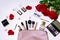 Bag for cosmetic brushes, decorative cosmetics and flowers of red roses