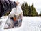 Bag of garbage in hand of woman and snow in forest on the background. A girl cleans up the trash after a picnic. A