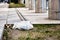 A bag of garbage lies on the lawn on the sidewalk in the city