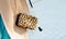 Bag in leopard print close-up. Small leather handbag in female hands. Woman walking in the city.