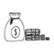 bag with money, banknotes and coins - banking concept. hand drawn in doodle style. , line art, nordic, scandinavian