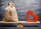 Bag with money and red wooden heart on the scales. Money versus love concept. Passion versus profit. Family or career choice.