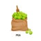 Bag of pea culture, wooden spoon, agricultural crop, organic food.