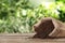 Bag and scattered soil on wooden table against blurred background. Gardening time