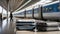 Bag or suitcase standing at the station in front of high-speed train.