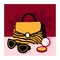 Bag with tiger stripes pattern, sunglasses and powder. Trendy fashion colored hand drawn illustration for fashion