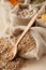 Bag with wheat closeup; bags with grains