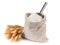 Bag of whole flour and bunch wheat on white background.