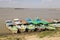 Bagan, Myanmar, December 27 2017: Boat jetty of the irrawaddy river