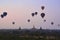 BAGAN, MYANMAR - FEBRUARY 15, 2016: Air balloons flying over temples and pagodas in Bagan