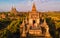 Bagan Myanmar, hot air balloon during Sunrise above temples and pagodas of Bagan Myanma