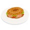Bagel sandwich on plate with cream cheese, salmon, salad. Delicious breakfast. Take away fast food. Vector illustration