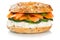 Bagel sandwich with salmon fish for breakfast isolated on a white background