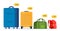 Baggage allowance. Wheeled suitcase, backpack, bag with dimensional arrows weight tag. Weight and size of luggage allowance. Hand