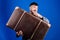 Baggage insurance. Man well groomed bearded hipster with big suitcase. Take all your things with you. Heavy suitcase