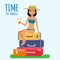 Baggage, luggage, suitcases and girl in swimsuit with cocktail on tropical background.
