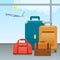 Baggage, suitcases and bags in airport. Checked in Big packed and hand luggage for traveling by aircraft. Travel and