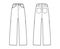 Baggy Jeans Denim pants technical fashion illustration with full length, low waist, rise, 5 pockets, Rivets, belt loops