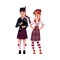 Bagpiper, piper and Scottish girl in national clothes, beret, kilt