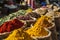 Bags of colorful and exotic spices in markets of Istanbul in Turkey, vibrant and sensory summer travel background, with