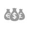 Bags of dollar pound and euro money icon. Euros, dollars and pounds money bag icon. Money sack icon.