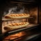 Baguette breads in oven, Steam rising from baking baguette bread rolls in oven