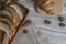 Baguette and croissant placed on a wooden table for service