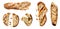 Baguette French bread, sliced torn broken piece top view on transparent background cutout, PNG