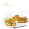 Baguette slices with smoked salmon and avocado cream or guacamole as a healthy party snack, background fades to white with sample