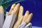 Baguettes in the basket in the market closeup